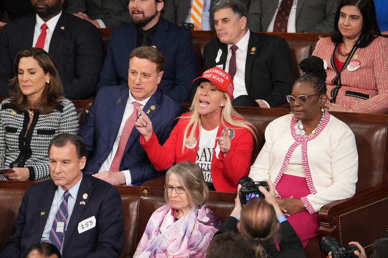 Republican representative Marjorie Taylor Greene shouts at President Joe Biden as he delivers the State of the Union address. Photograph: Doug Mills/New York Times                    