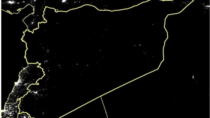 Satellite image from scientists at Wuhan University in China shows a night image of Syria taken in February 2015. Photograph: Trócaire handout from #WithSyria