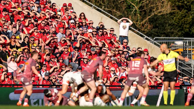 Munster fans urge their team on during the game against La Rochelle. Photograph: Ben Brady/Inpho