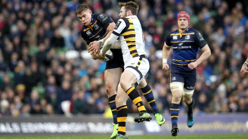 Leinster’s Garry Ringrose and Elliot Daly of Wasps in the European Rugby Champions Cup Quarter-Final at the  Aviva Stadium in April. Photograph: Ryan Byrne/Inpho