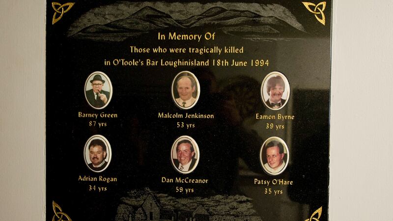 A plaque on the wall of O’Tooles bar in  Loughinisland, Co Down to remember those murdered on June 18th, 1994. Photograph:  Mark Marlow/Pacemaker