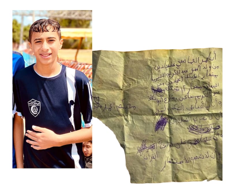Omar Al-Jamasi, a young Palestinian footballer for Al Helal Football Academy,, killed in Gaza in March 2025 and the note he was carrying on his death.