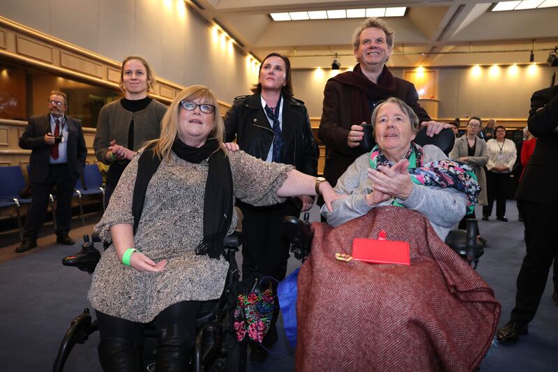 Equality Not Care campaigners Ann Marie Flannagan and Margaret Kennedy (front) with Niamh Driscoll, Marcia Duane and Michael O’Dowd at the care referendum result announcement in Dublin Castle on Saturday evening. Photograph: Dara Mac Dónaill