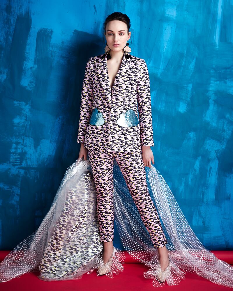 Stormy day trousers €100, jacket €150, cloud earrings €25
