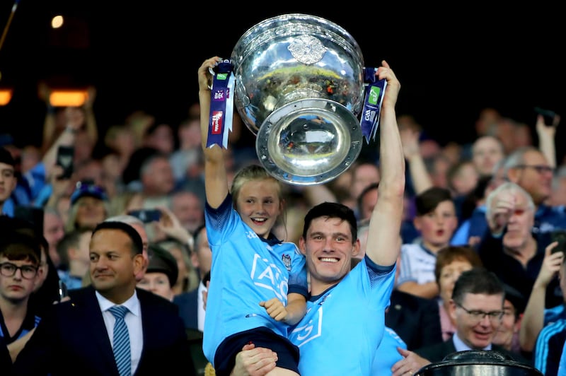 Dublin’s Diarmuid Connolly lifts the Sam Maguire after defeating Kerry in 2019. Photograph: James Crombie/Inpho
