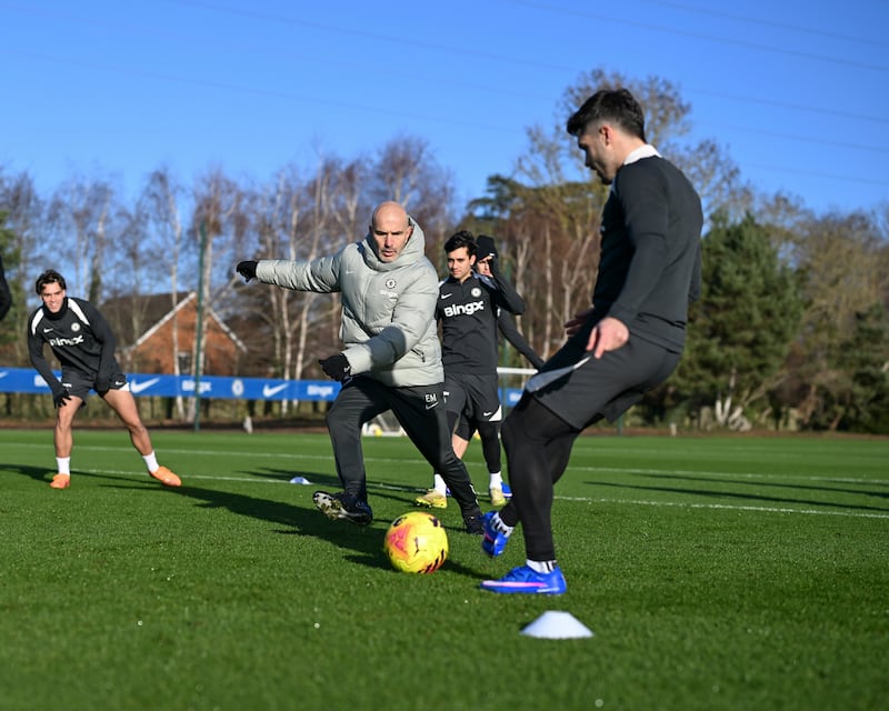Maresca takes part in a training session at the Chelsea training ground in Cobham, England, on Friday. Photograph: Darren Walsh/Chelsea FC via Getty