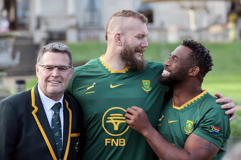 South Africa head coach Rassie Erasmus, RG Snyman and Siya Kolisi at UCD Bowl on Friday. Photograph: Laszlo Geczo/Inpho