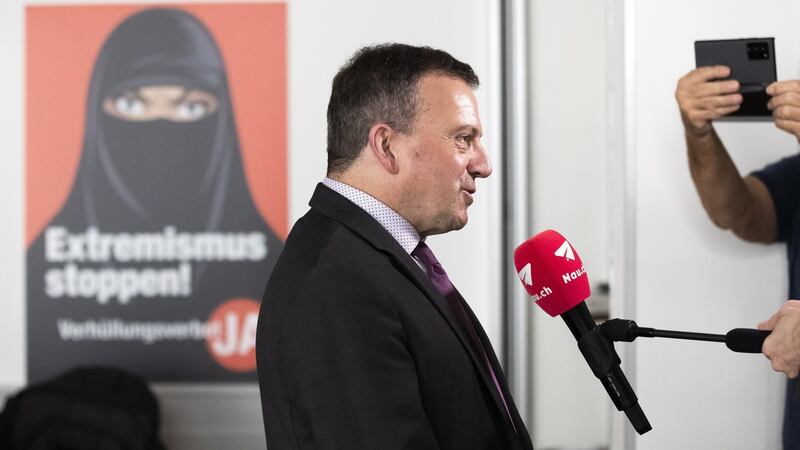 Walter Wobmann initiator of burqa ban initiative speaks to the media in Bern, Switzerland on  March 7th. Photograph: Peter Klaunzer/EPA