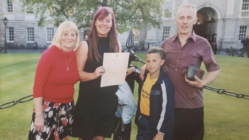 Katriona on her graduation day from the Trinity Access Programme in 2003 with her parents Tilly and Tony O’Sullivan and son John