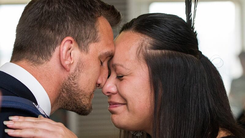 British and Irish Lions rugby captain Sam Warburton receives a “hongi” from the welcoming cultural group. Photograph: Getty Images