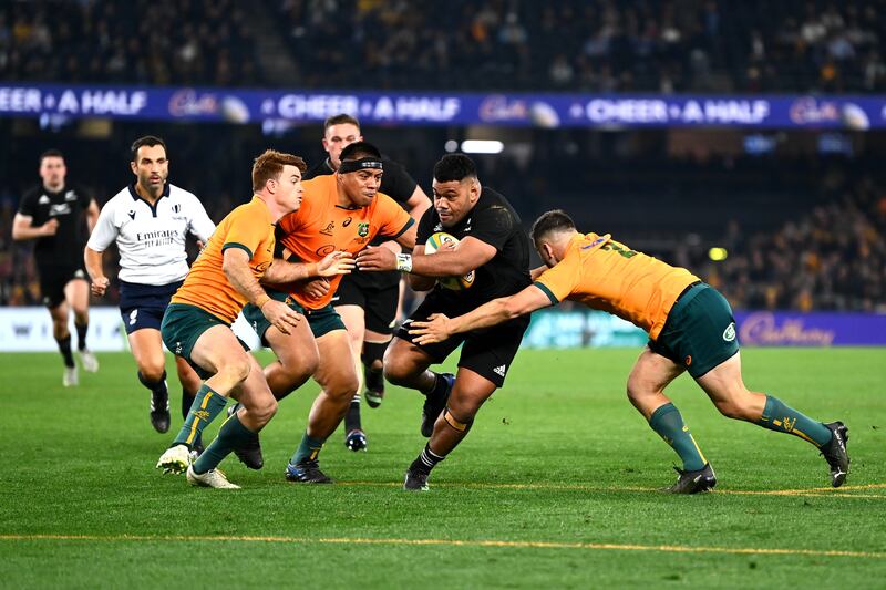 New Zealand's Samisoni Taukei’aho dives over to score a try during the Rugby Championship  and Bledisloe Cup match against New Zealand at Marvel Stadium in Melbourne. Photograph: Hannah Peters/Getty Images