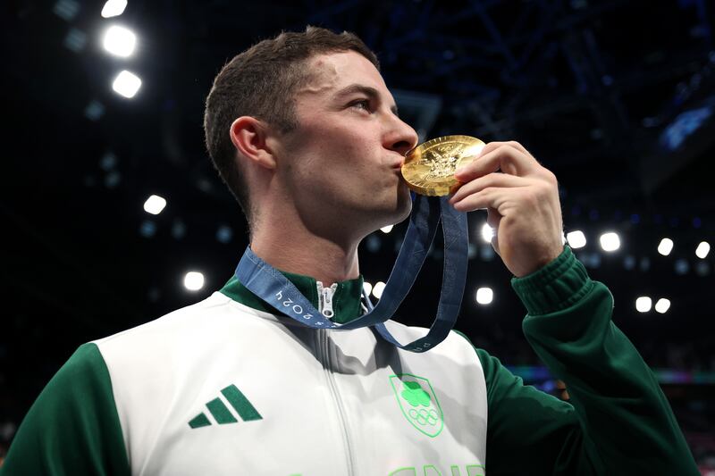 Ireland's Rhys McClenaghan kisses his gold medal after winning the men's pommel horse final. Photograph: Naomi Baker/Getty Images