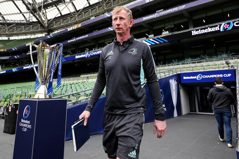 Leinster head coach Leo Cullen walks past the Heineken Champions Cup at the captain's run at the Aviva Stadium. Photograph: Laszlo Geczo/Inpho