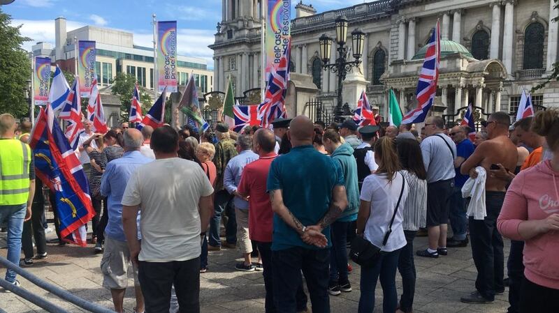 Attendees at the UK Freedom Rally in Belfast. Photograph: Amanda Ferguson