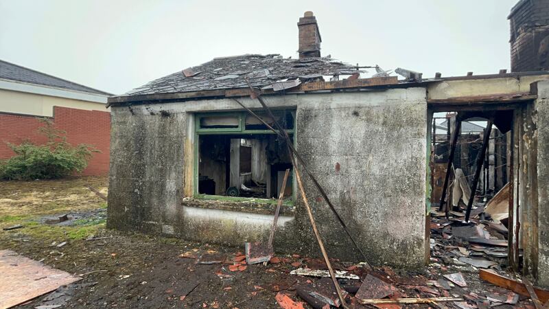 A house in the Sandyknowles area of Newtownabbey burnt out in the second night of unrest in Belfast. Photograph: PA Wire
