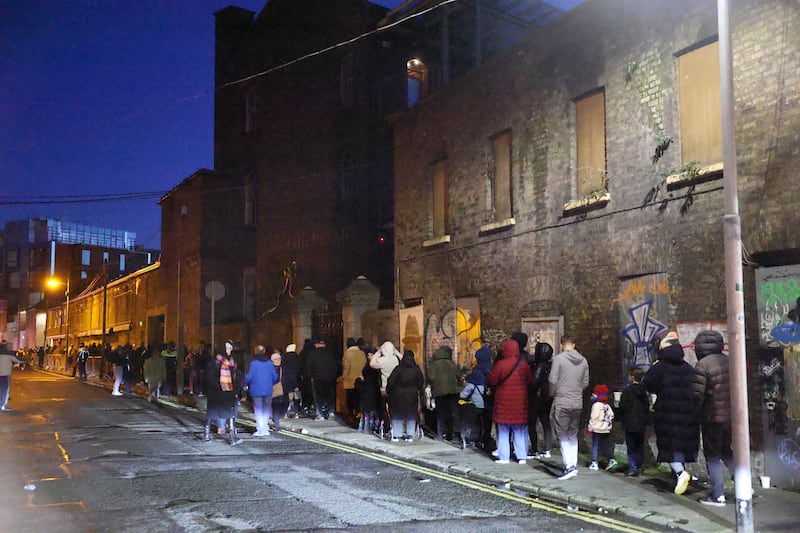 The queue at the Capuchin Day Centre on Bow Street, Dublin in the early hours of Friday morning. Picture: Enda O'Dowd.