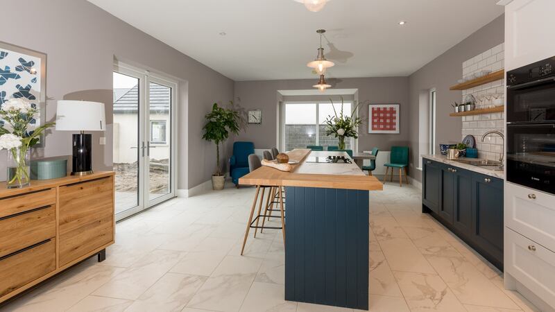 Blue, grey tones in the kitchen at the Rath Ullord housing scheme in  Kilkenny.Photo: Dylan Vaughan