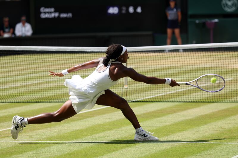 Coco Gauff plays a forehand against Karolina Muchova. Photograph: Clive Brunskill/Getty Images