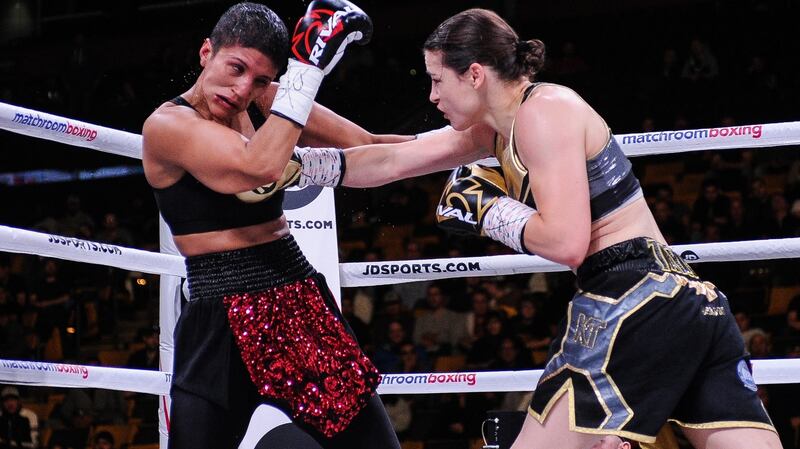 Katie Taylor lands another blow on Cindy Serrano during the fight in Boston. Photograph: Emily Harney/Inpho