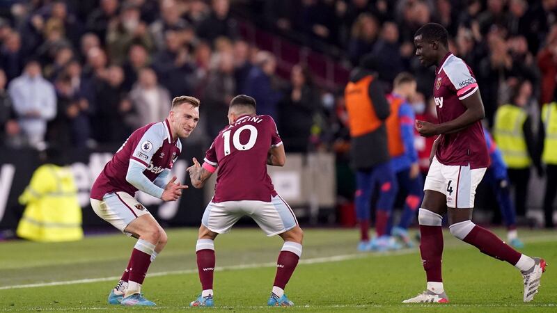 West Ham United’s Jarrod Bowen celebrates his goal with Manuel Lanzini at the London Stadium. Photograph: PA