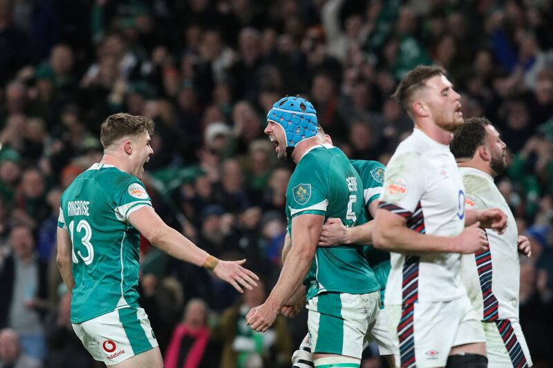 Tadhg Beirne celebrates after scoring a try. Photograph: Paul Faith/AFP via Getty Images          
