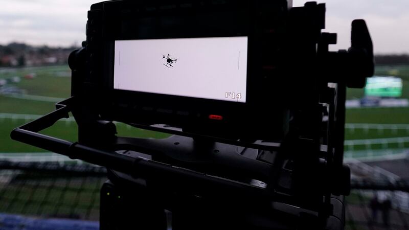 A drone is filmed  by a TV camera at Leicester Racecourse on Tuesday. Photograph: Alan Crowhurst/Getty Images