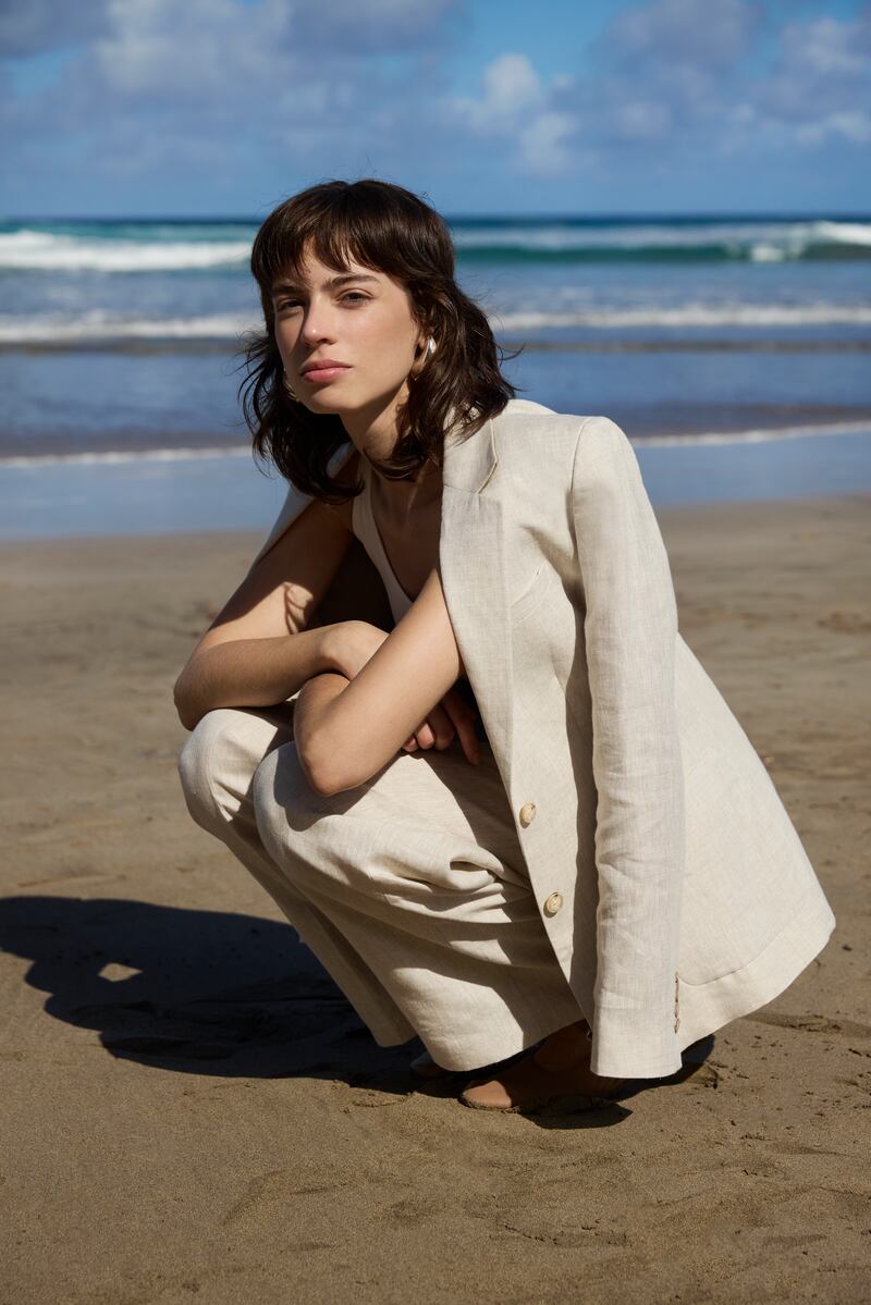 Una: oatmeal Irish linen patch pocket jacket, €359; oatmeal Irish linen Bridget trousers, €249