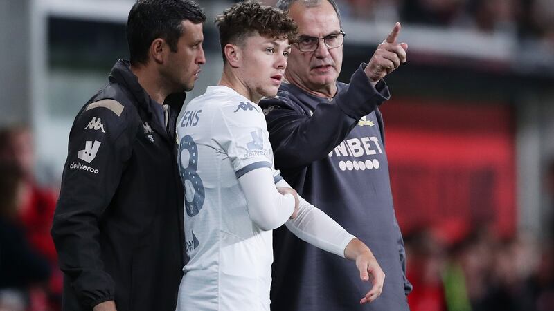 Leeds United manager Marcelo Bielsa speaking to Jordan Stevens during a match between the Western Sydney Wanderers and Leeds  at Bankwest Stadium, Sydney, Australia, on July 20th. Photograph:  Matt King/Getty Images