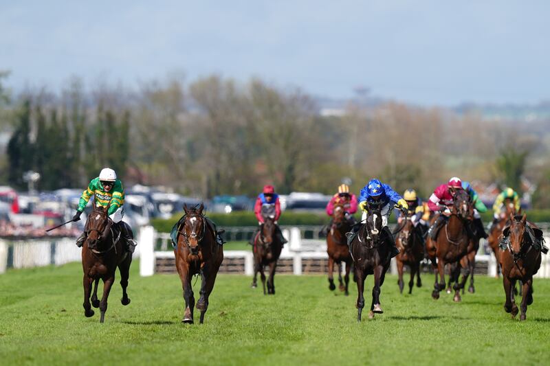 I Am Maximus (left) leads home Iroko and Jordans in the Aintree Grand National at the weekend. Photograph: David Davies for The Jockey Club/PA 
