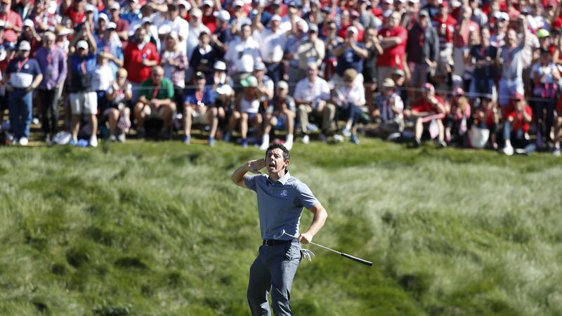 Rory McIlroy gestures towards the galleries during his singles match against Patrick Reed at the 2016 Ryder Cup at Hazeltine. Photograph: Jerry Holt/Star Tribune via Getty Images