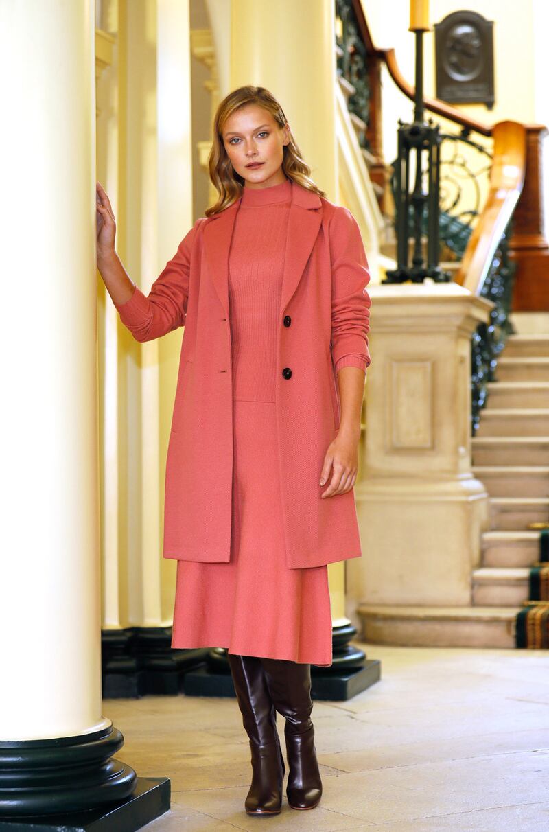 M&S Collection coral sweater, €34, M&S Collection coral knit skirt, €47.50, and M&S Collection coral coat, €70