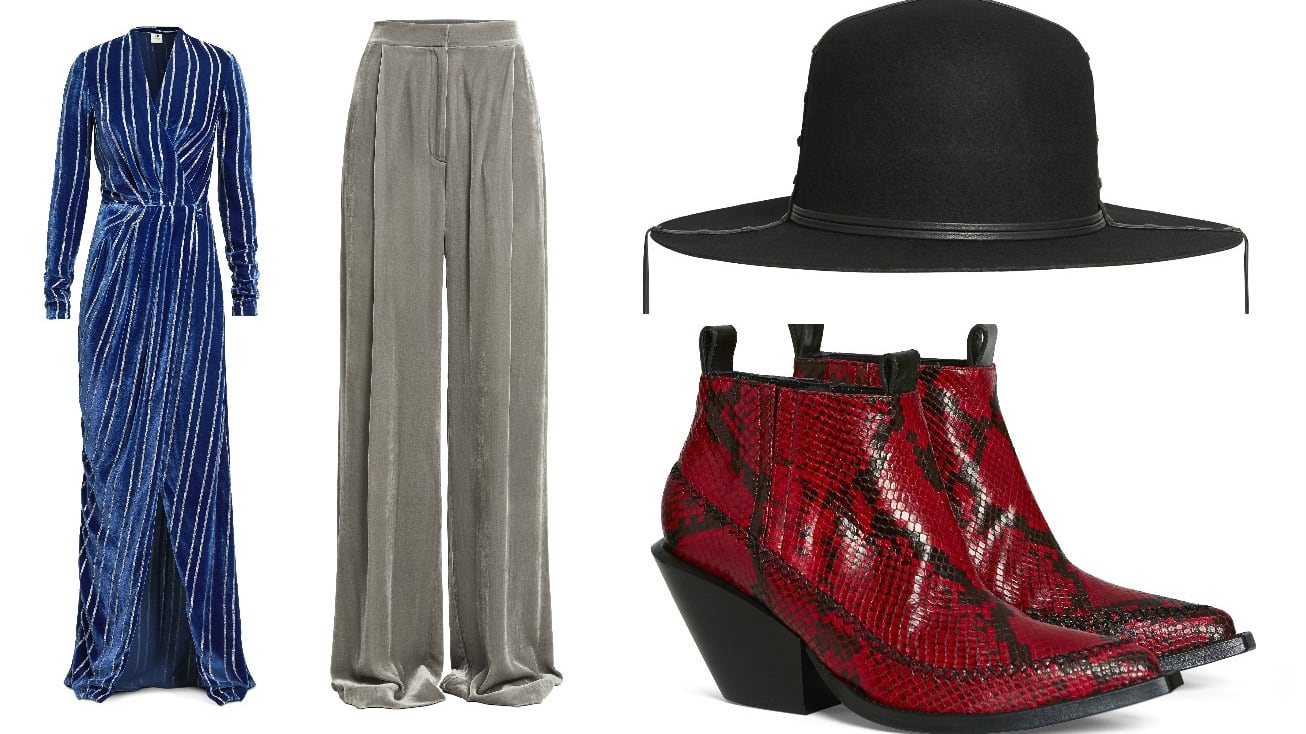 Wrap dress with silver pinstripes (€99), high-waisted, wide leg trousers (€59.99) Gaucho hats (€79.99) and cowboy boots in snake print leather (€149.00)