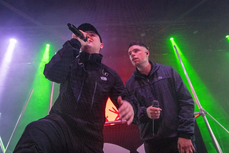 Kneecap: Móglaí Bap and Mo Chara on stage at Vicar Street in Dublin. Photograph: Tom Honan