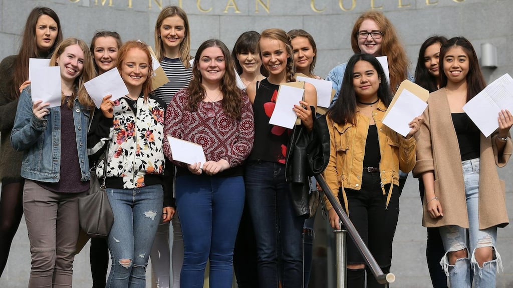 Students at Dominican College in Belfast after receiving their A level results. Photograph: Brian Lawless/PA