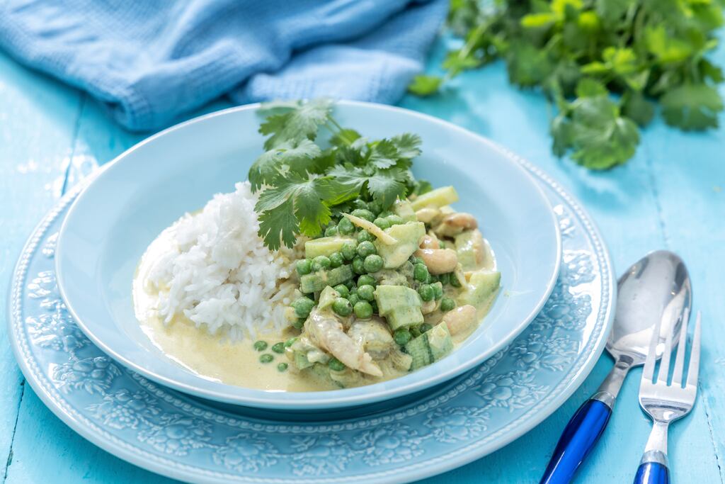 Prawns with curry cream, peas, cucumber and almonds. Photograph: Harry Weir Photography