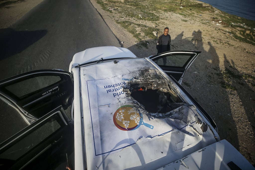 World Central Kitchen staff were delivering a shipment of aid when their three-vehicle convoy was hit by Israeli strikes last month. Photograph: Mohammed Saber/EPA