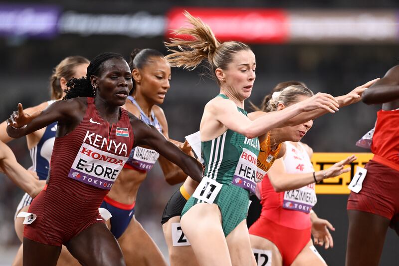 Ireland's Sarah Healy stumbles amidst the traffic during her 1,500m semi-final in Tokyo. Italy’s Marta Zenoni was later disqualified. Photograph: Hannah Peters/Getty Images