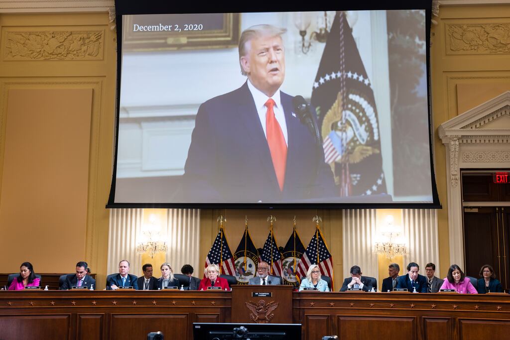 Former US president Donald Trump is seen on a screen above the January 6th Select Committee during the committee's hearing in the the Cannon House Office Building in Washington on Monday. Photograph: Shutterstock
