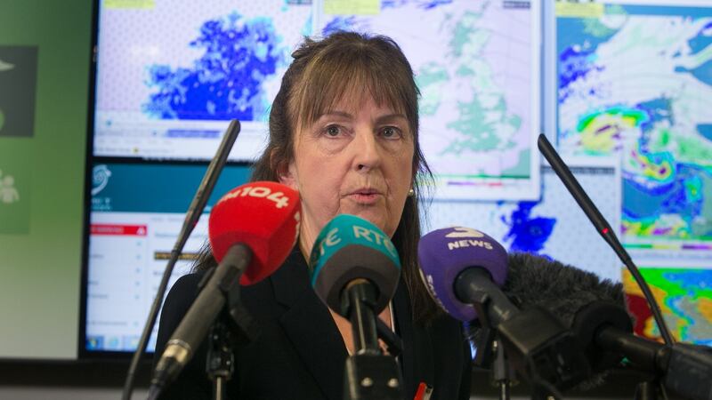 Evelyn Cusack of  Met Éireann speaking to media on Wednesday. Photograph: Gareth Chaney/Collins