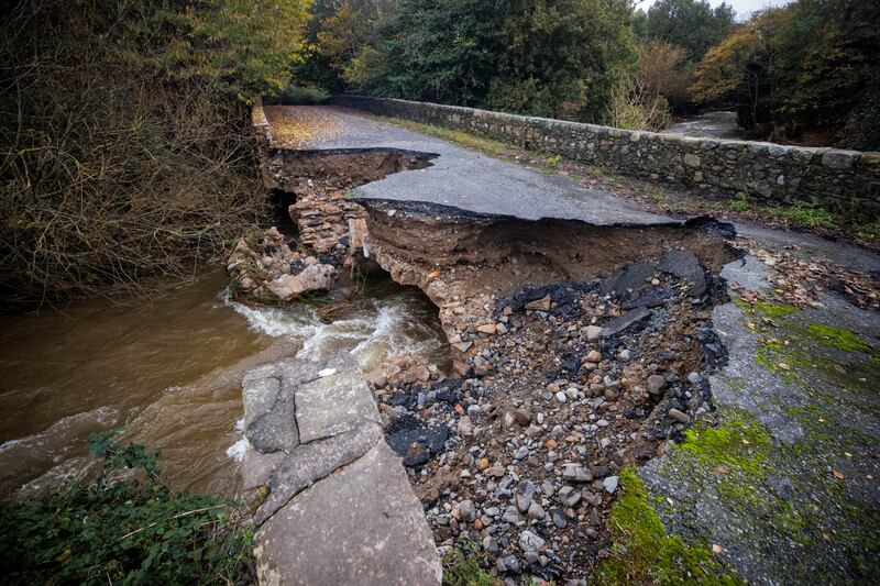 The river Big  bridge near Carlingford, Co Louth, partly collapsed following heavy rainfall and flooding. Photograph: Liam McBurney/PA Wire