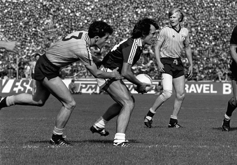 Dublin's Gerry Hargan puts pressure on Gay McManus of Galway during the 1983 All-Ireland final. Photograph: Billy Stickland/Inpho