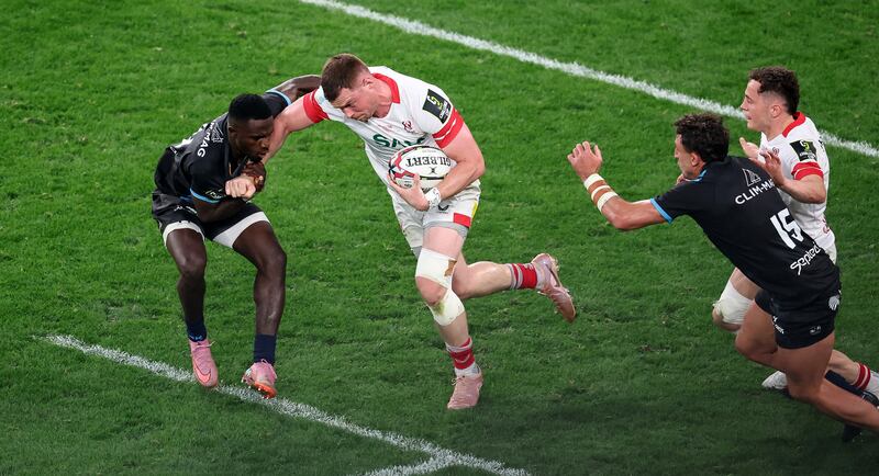 Ulster’s Zac Ward tackled by Gabriel N'Gandebe of Montpellier. Photograph: Nick Elliott/Inpho