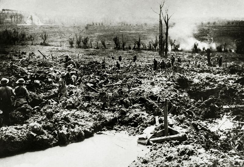 British sappers digging a communication trench to Messines Ridge in a landscape showing the scars of battle.  (Photo by Popperfoto/Getty Images)