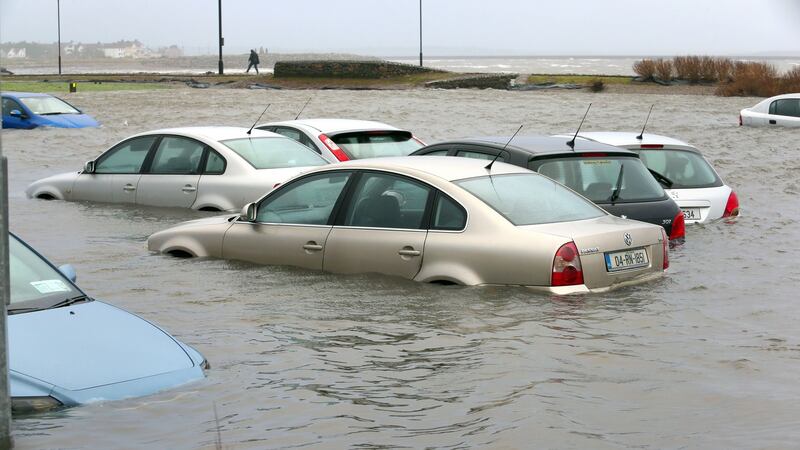 Cars in the flooded carpark beside Toft Park at Seapoint, Salthill in Co Galway on Tuesday morning. Photograph: Joe O’Shaughnessy
