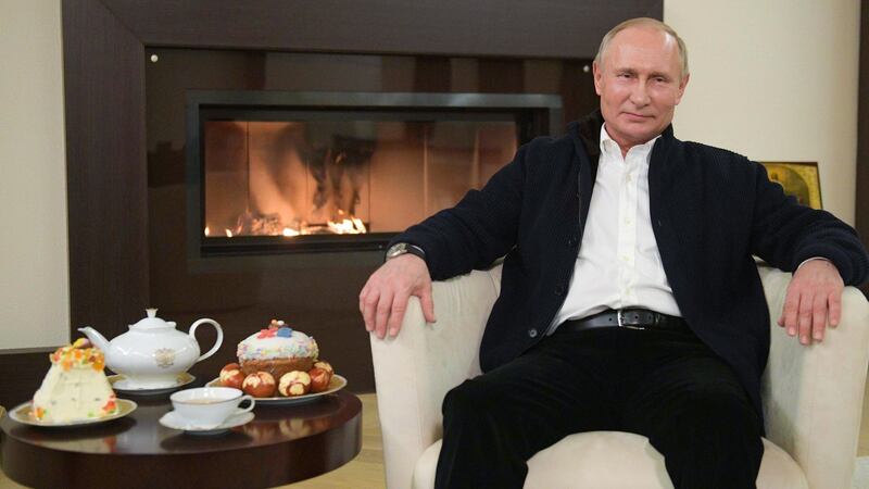 Russian president Vladimir Putin congratulates believers on Orthodox Easter in his residence outside Moscow. Photograph: Alexei Druzhinin/Sputnik/AFP via Getty Images
