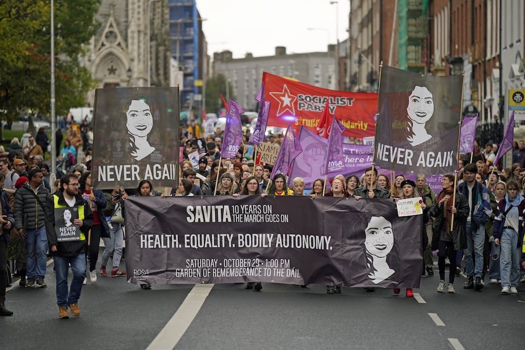Participants take part in a march to mark the 10th anniversary of the death of Savita Halappanavar on O'Connell Street, Dublin. Photograph: Niall Carson