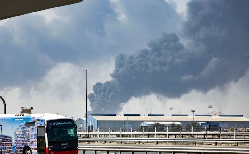 Smoke billows above the Jebel Ali port in Dubai on Sunday after it was struck by debris from an intercepted Iranian missile. Photograph: EPA 