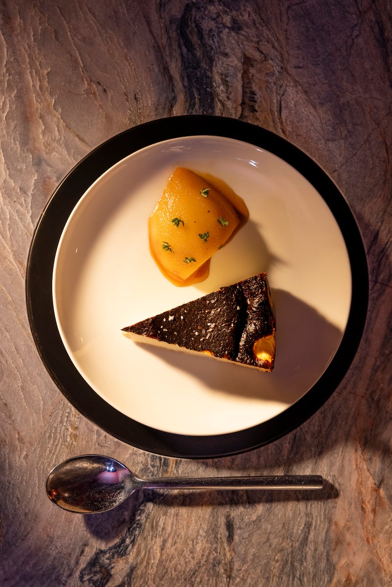 Basque cheesecake with baked pear and heather honey