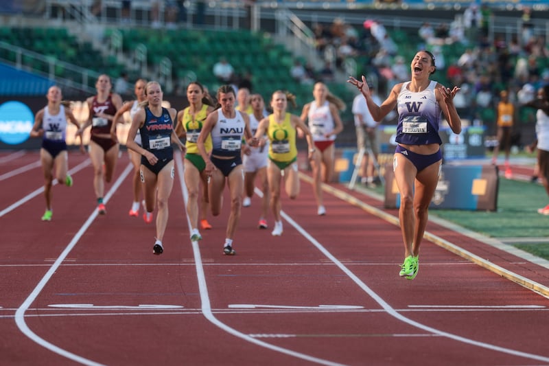 Sophie O'Sullivan of the Washington Huskies reacts after winning the Women's 1,500m NCAA title at Hayward Field in Eugene, Oregon. Photograph: C. Morgan Engel/NCAA Photos via Getty Images