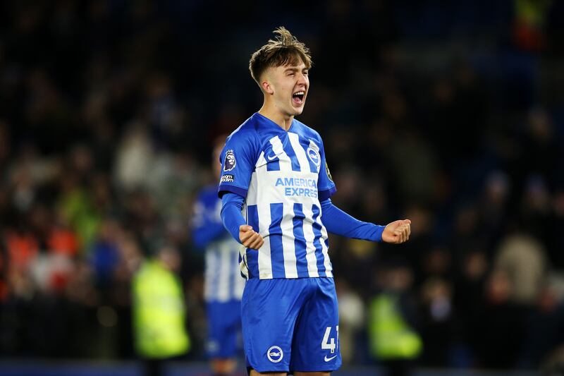 Jack Hinshelwood of Brighton & Hove Albion celebrates after the team's victory over Brentford. Photograph: Steve Bardens/Getty Images